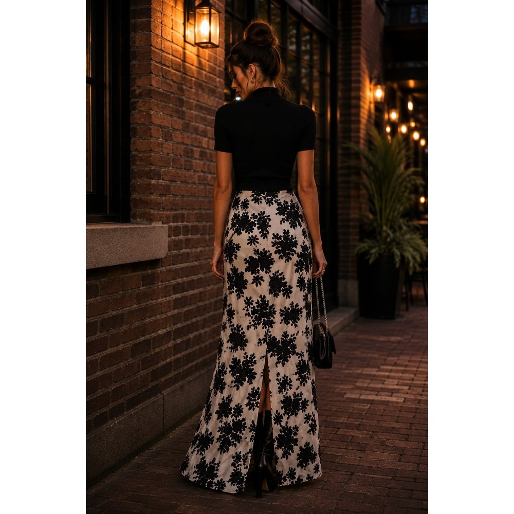 Haver & Blair London Skirt Womens L Black White Floral Maxi Long Back Slit